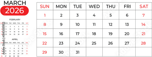 Clean March 2026 Calendar Design Featuring Next & Previous Months