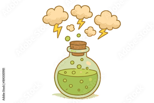Magical Potion Flask. Sweet doodle bubbling potion flask releasing tiny clouds that form miniature thunderbolts, cozy magical lab