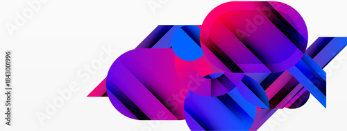Abstract shapes overlap, creating vibrant gradients. Pink, purple, blue hues dominate composition. Modern design, clean aesthetic.