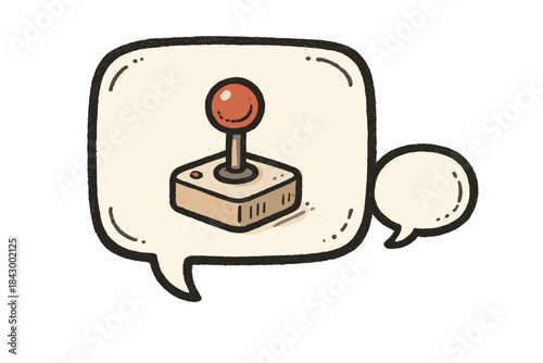 Playful Doodle Gaming. Adorable doodle dialogue box with a tiny joystick nestled inside, playful chat bubbles and nostalgic game