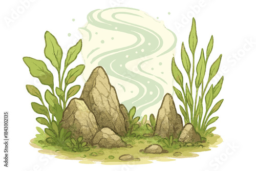 Serene Aquascape Harmony. Sweet doodle aquascape scene where stones and plants form natural harmony, glowing water currents, No