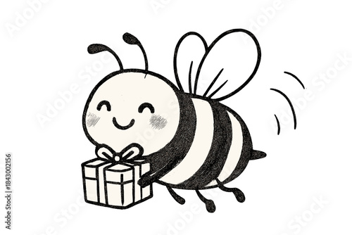 Doodle Bee Delivery. Adorable doodle bee carrying a small delivery package tied with a ribbon, cheerful expression and buzzing