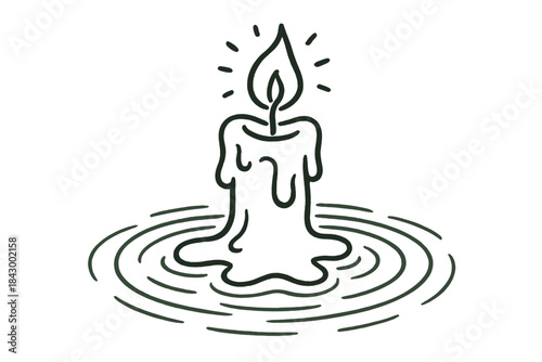Melting Candle Doodle. Playful doodle candle melting slowly into a smooth glowing pool, gentle ripples radiating peaceful energy,