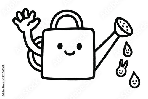 Doodle Waves with Watering Can. Playful doodle waving hand holding a watering can, droplets forming friendly shapes as they fall,