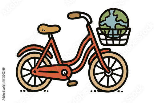 Doodle Bike Adventure. Cute doodle bike with a little globe nestled in its basket, symbolizing mindful travel and curiosity, No