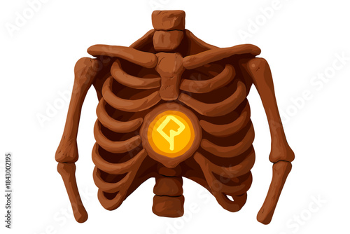 Clay Heart Rune. Playful doodle chest cavity made of clay with a bright glowing rune core beating gently inside, No text, No