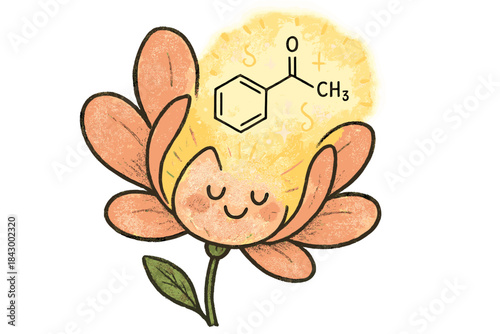 Unfolding Flower Mystery. Playful doodle flower petal unfolding to reveal an elegant aromatic formula glowing inside, symbolizing