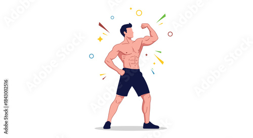 Powerful muscular man wearing dark shorts flexes his biceps in a confident pose surrounded by vibrant shapes and energetic lines.