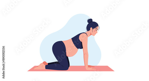 Pregnant woman practicing prenatal yoga on a pink mat with hands and knees on the floor and a calm focused expression while gently rounding her spine.