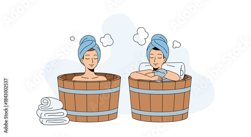 Two people relax in wooden soaking tubs with blue towels on their heads and enjoy a peaceful spa moment together while steam rises and light surrounds them.