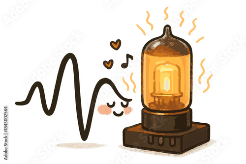Warm Sound Vibes. A waveform cozying up near a glowing tube amp, with doodle warmth lines and tiny musical hearts floating, No