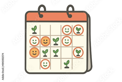 Gardening Planner Icons. A calendar page with multiple marked planting and harvesting days, tiny smiling icons showing progress