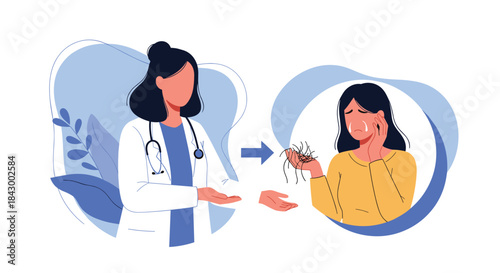 Doctor in a white coat reaches out to help a patient who appears to be experiencing discomfort during a consultation and treatment discussion.