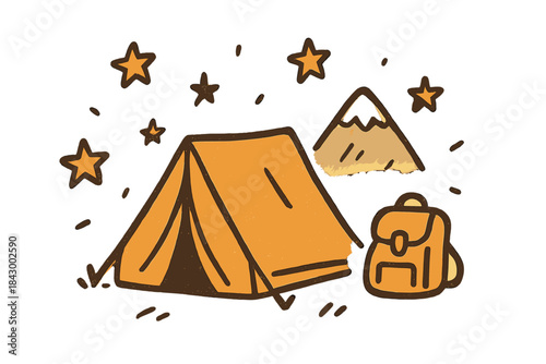 Camp Adventure Doodles. A campsite with a tent and tiny backpack icon, surrounded by doodle stars and a small mountain silhouette,