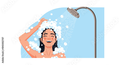 woman enjoying a refreshing shower under a large rainfall showerhead with soapy bubbles and a bright blue backdrop capturing a joyful daily hygiene moment.