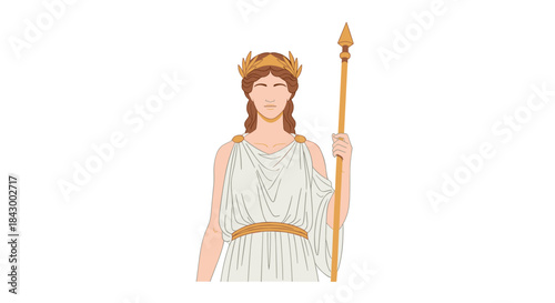 Serene ancient goddess in a white draped gown stands with a tall golden spear and laurel crown embodying wisdom strength and authority.