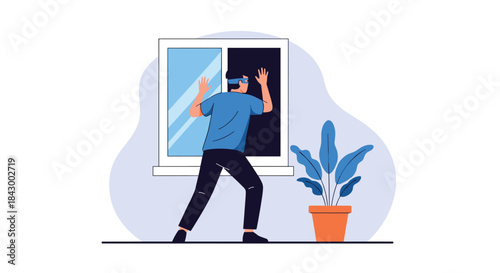 Person opens a window to let in fresh air while standing inside a home beside a potted plant with a soft blue abstract background.