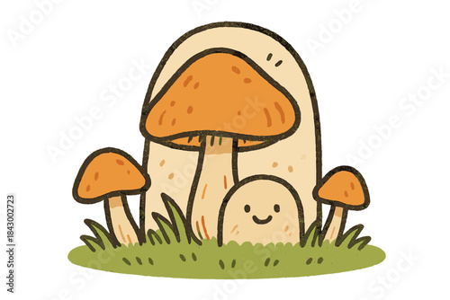 Smiling Mushroom Patch. A small mushroom patch with a tiny smiling protective barrier indicating “one left for nature,” playful