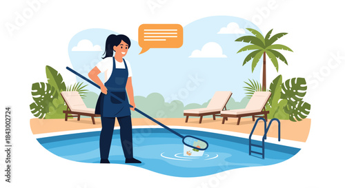 Pool maintenance worker cleans a resort pool with a long handled skimmer while lounge chairs and palm trees create a tropical backdrop.