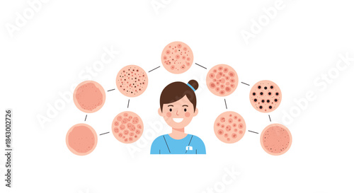 Nurse in blue scrubs stands amid a ring of pink circular cells connected by lines illustrating patient care and cellular research collaboration.