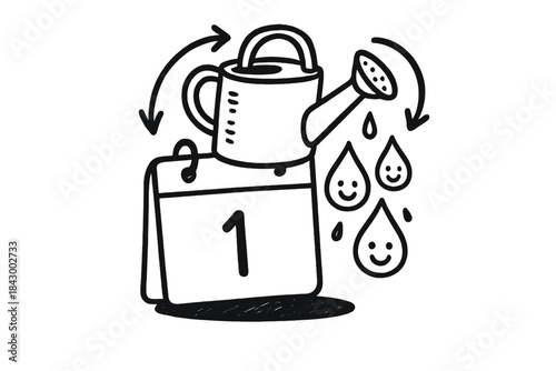Smiling Water Droplets. A shared watering can placed on a calendar date, droplets with smiling faces falling gently, doodle arrows