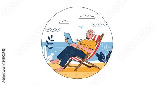 Senior man sits on a striped deck chair on the sunny beach reading a tablet by the sea as gentle waves roll in and a warm breeze rustles leaves overhead.