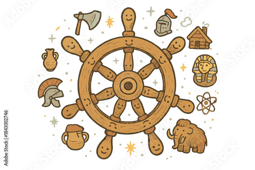 Time-Travel Ship's Wheel. A ship's wheel with each smiling spoke pointing to a different historical era, tiny doodle sparkles and