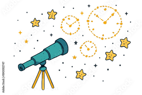 Stargazing Cosmic Clocks. A telescope looking toward constellations shaped like clocks, tiny cheerful doodle stars floating,