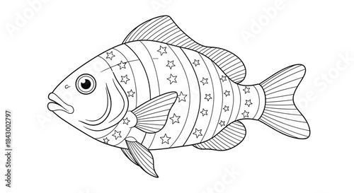 Colorful striped fish with star patterns swimming in a simple line drawing that invites coloring and imaginative play for young artists.