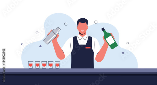 Professional bartender mixes cocktails with a shaker in one hand and a bottle in the other behind a modern bar as six shot glasses line the counter.