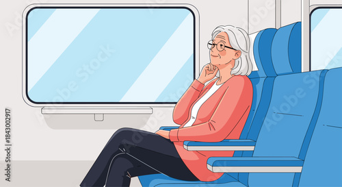 Elderly woman sits calmly on a train looking out the window and enjoying a quiet moment in a bright blue seat with a thoughtful pose.