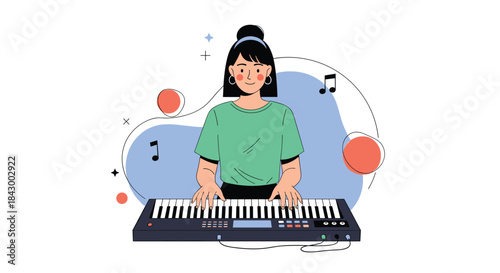 Young musician sits at a keyboard and plays a lively melody while colorful shapes and musical notes whirl around in a bright playful scene.