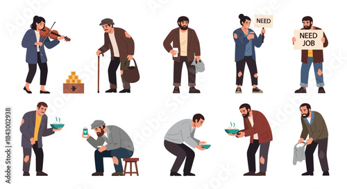 Diverse urban scene shows people facing unemployment hardship and seeking help with a violinist a beggar with a cane and signs asking for work or support.