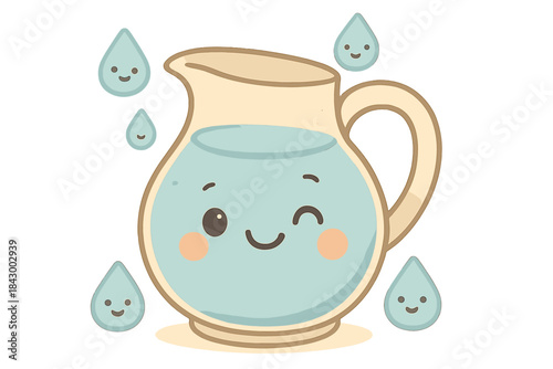 Friendly Refill Pitcher. A happy "refill" pitcher with a friendly winking face, tiny droplets with smiles, soft rounded friendly