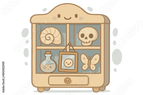 Curiosities Cabinet Reflection. A cheerful cabinet of curiosities holding a tiny smiling captured reflection, soft rounded doodle