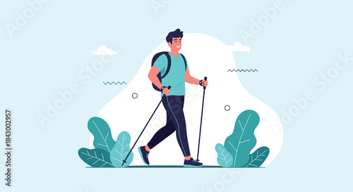 Hiker walks with trekking poles and a sturdy backpack along a sunny nature trail surrounded by leafy plants and distant hills under a bright blue sky.