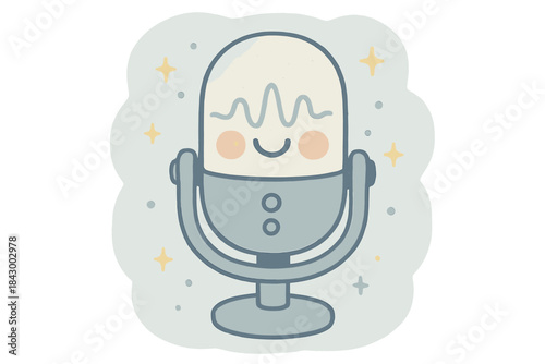 Smiling Microphone Waveform. A cheerful specialized microphone with a smiling "tingle" frequency waveform, tiny sparkles floating