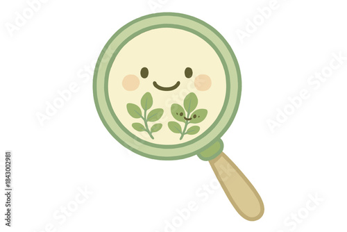 Happy Herb Magnifier. A happy "forgotten herb" identification magnifier with tiny smiling leaves, soft rounded friendly shapes,