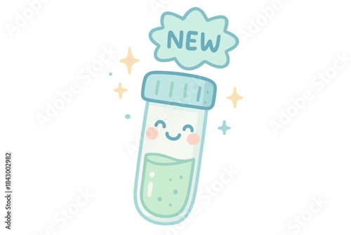 Smiling Sparkly Vial. A playful "new discovery" tag on a smiling sample vial, tiny sparkles floating, soft rounded doodle style,