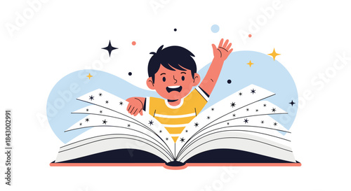 Bright eyed child learns with joy as a colorful book opens wide and pages flutter with sparkles and stars signaling a world of imagination.