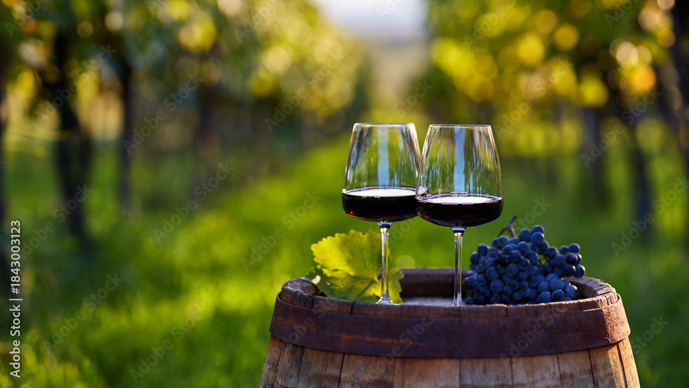 Obraz premium Two glasses of red wine on an old wooden barrel in a vineyard between rows 