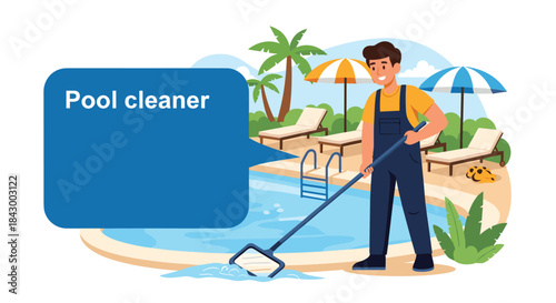 Pool cleaner at work scrubs a swimming pool beside palm trees lounge chairs and beach umbrellas as sunlight sparkles on the water.