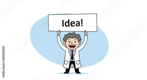 Scientist in a white coat lifts a sign that reads idea and celebrates a bright moment of creative thinking in a playful cartoon scene.