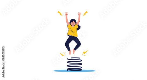 Joyful person leaps high on a spring with arms raised in triumph and electric bolts sparking above and a blue splash beneath.