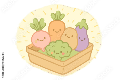 Smiling Harvest Tray. A cheerful harvesting tray with a glowing "ready to harvest" aura, tiny smiling vegetables, soft pastel