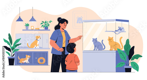 Pet shop visit shows a mother and child curious about cats and dogs in glass enclosures while potted plants and lighting create a welcoming scene for visitors.