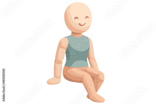 Charming Mannequin Delight. A cute "seated fit" mannequin with a smiling face, soft harmonious pastel palette, No text, No labels,