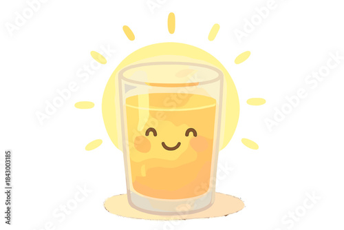 Radiant Juice Glass. A smiling glass of juice with a glowing sunny aura, soft harmonious pastel palette, No text, No labels,
