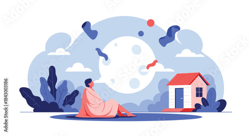 Calm figure sits wrapped in a blanket beside a small house beneath a luminous moon surrounded by soft clouds and lush plants in a tranquil night landscape.