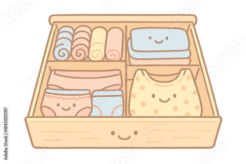Cheerful Drawer Compartments. A cheerful neatly organized drawer with smiling labeled compartments, soft pastel doodle style, No